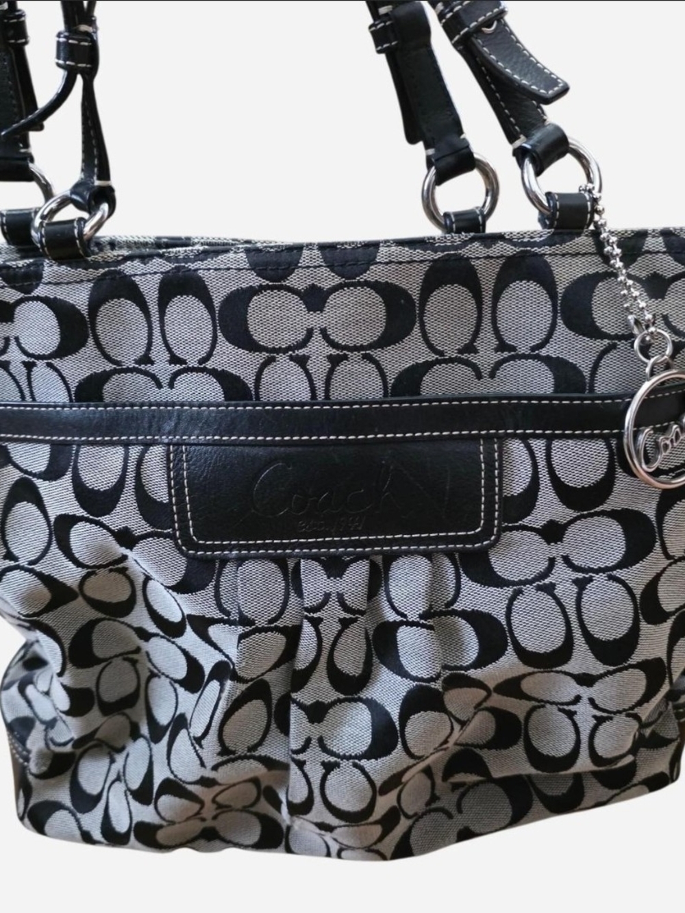 Coach Black and Gray Signature Shoulder Tote with Charm